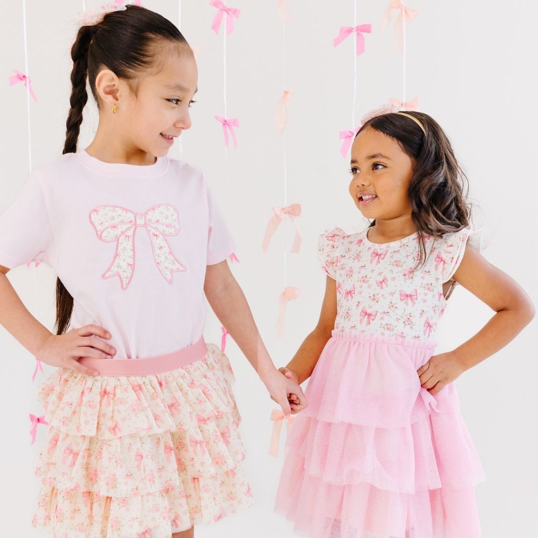 Ditsy Floral Bow Patch Short Sleeve T-Shirt - Ballet