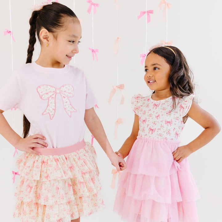Ditsy Floral Bow Patch Short Sleeve T-Shirt - Ballet