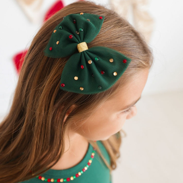 Emerald Rhinestone Christmas Tulle Bow Clip