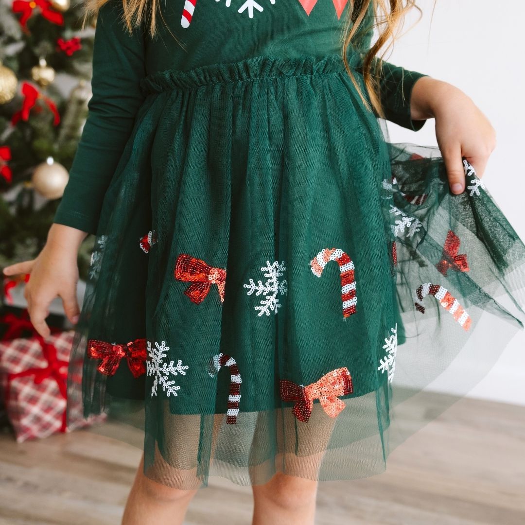 Emerald Candy Cane Sequin Christmas Long Sleeve Tutu Dress