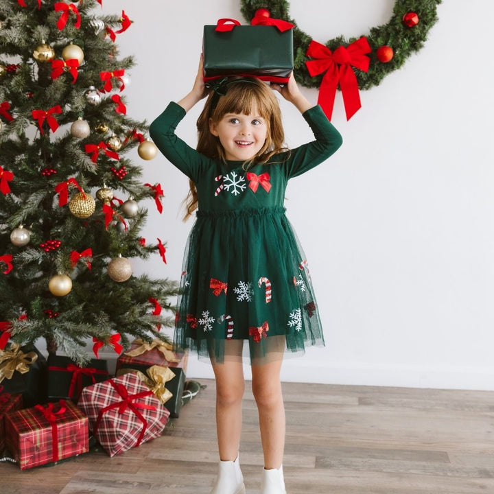 Emerald Candy Cane Sequin Christmas Long Sleeve Tutu Dress