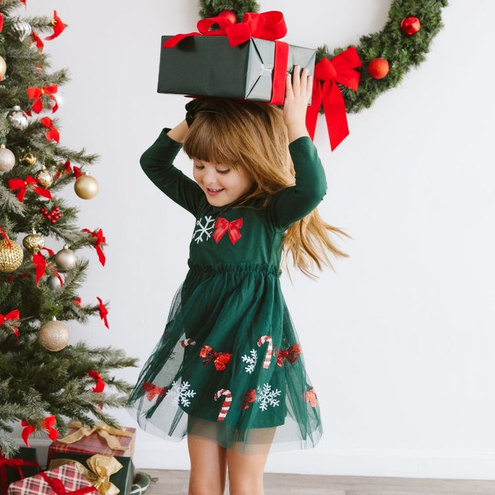 Emerald Candy Cane Sequin Christmas Long Sleeve Tutu Dress