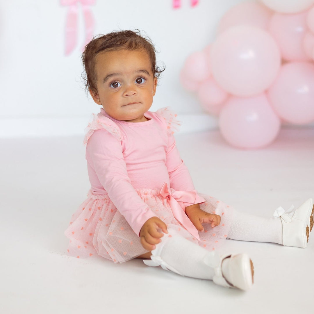 Flocked Heart Tiered Long Sleeve Tutu Bodysuit