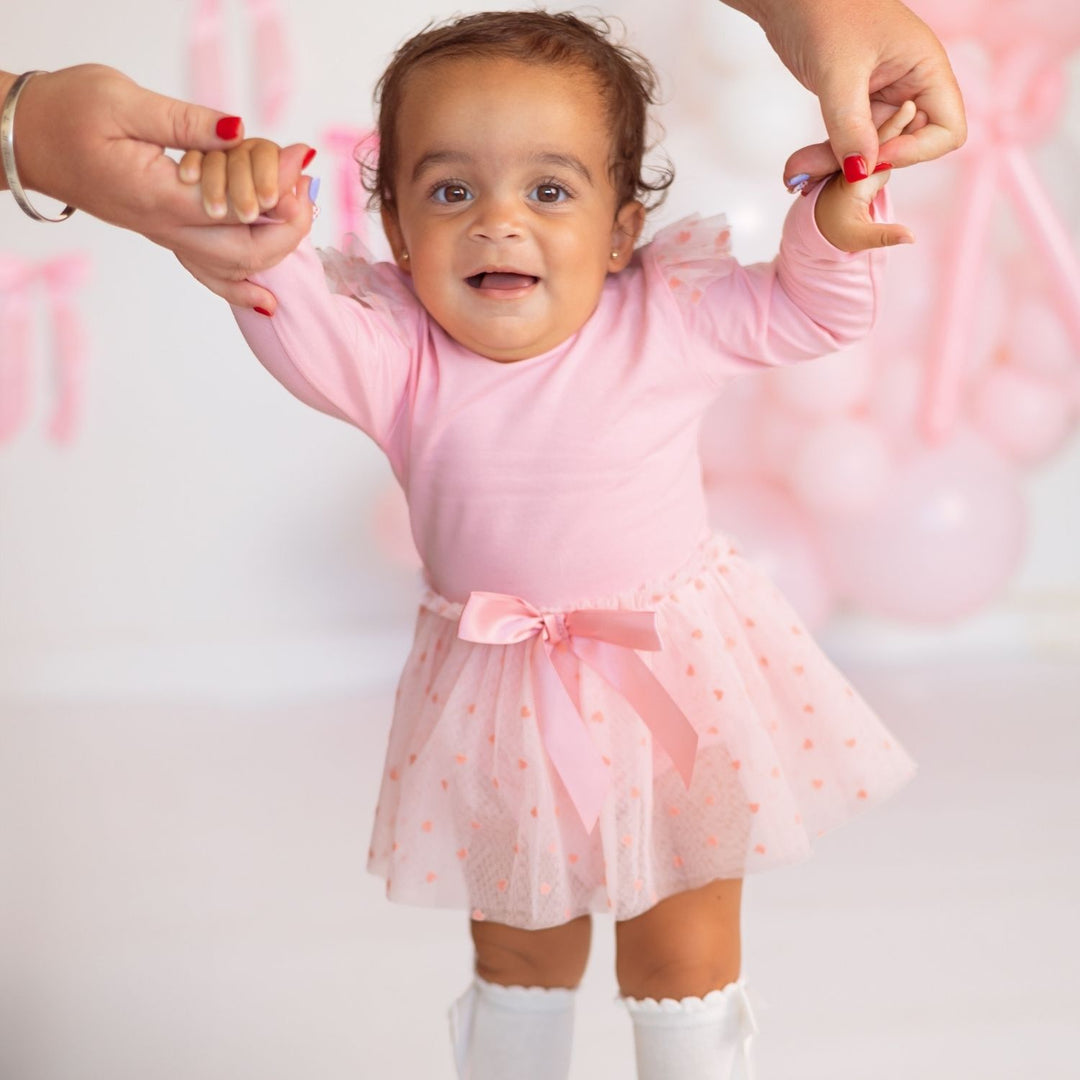 Flocked Heart Tiered Long Sleeve Tutu Bodysuit