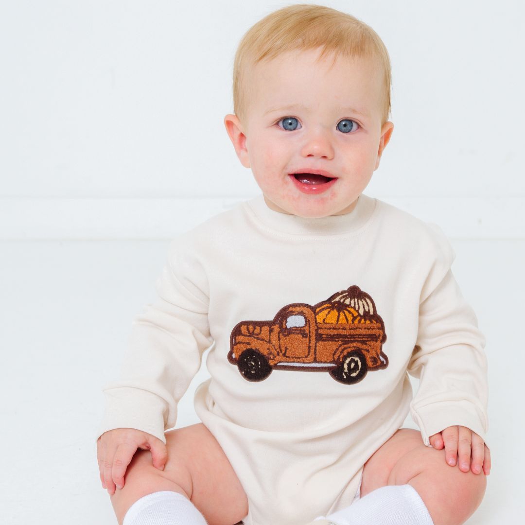 Fall Truck Patch Long Sleeve Romper - Natural