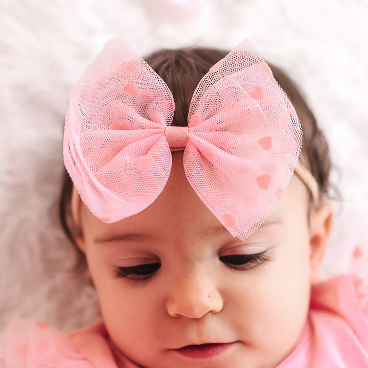 Flocked Heart Valentine's Day Tulle Bow Baby Headband