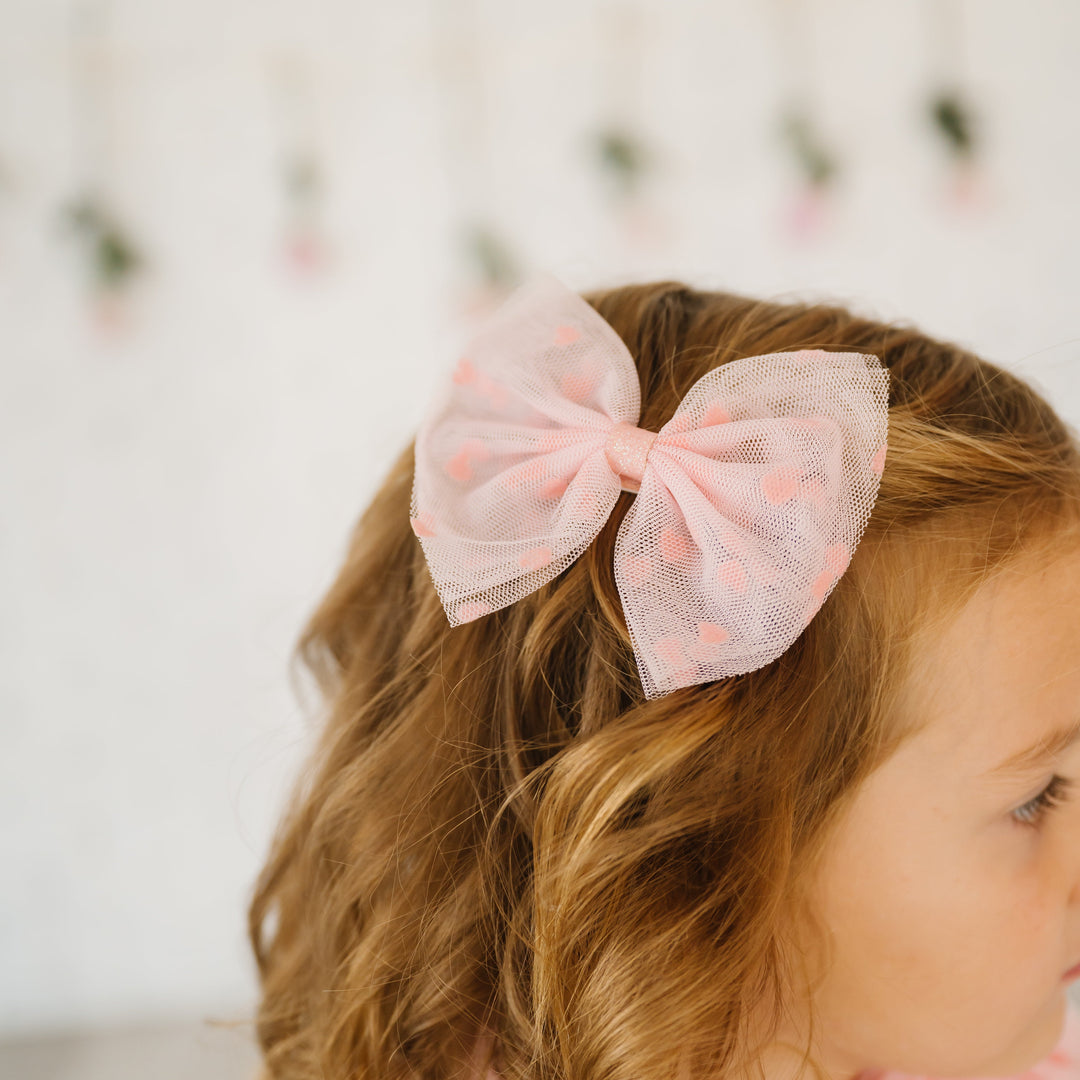 Flocked Heart Valentine's Day Tulle Bow Clip