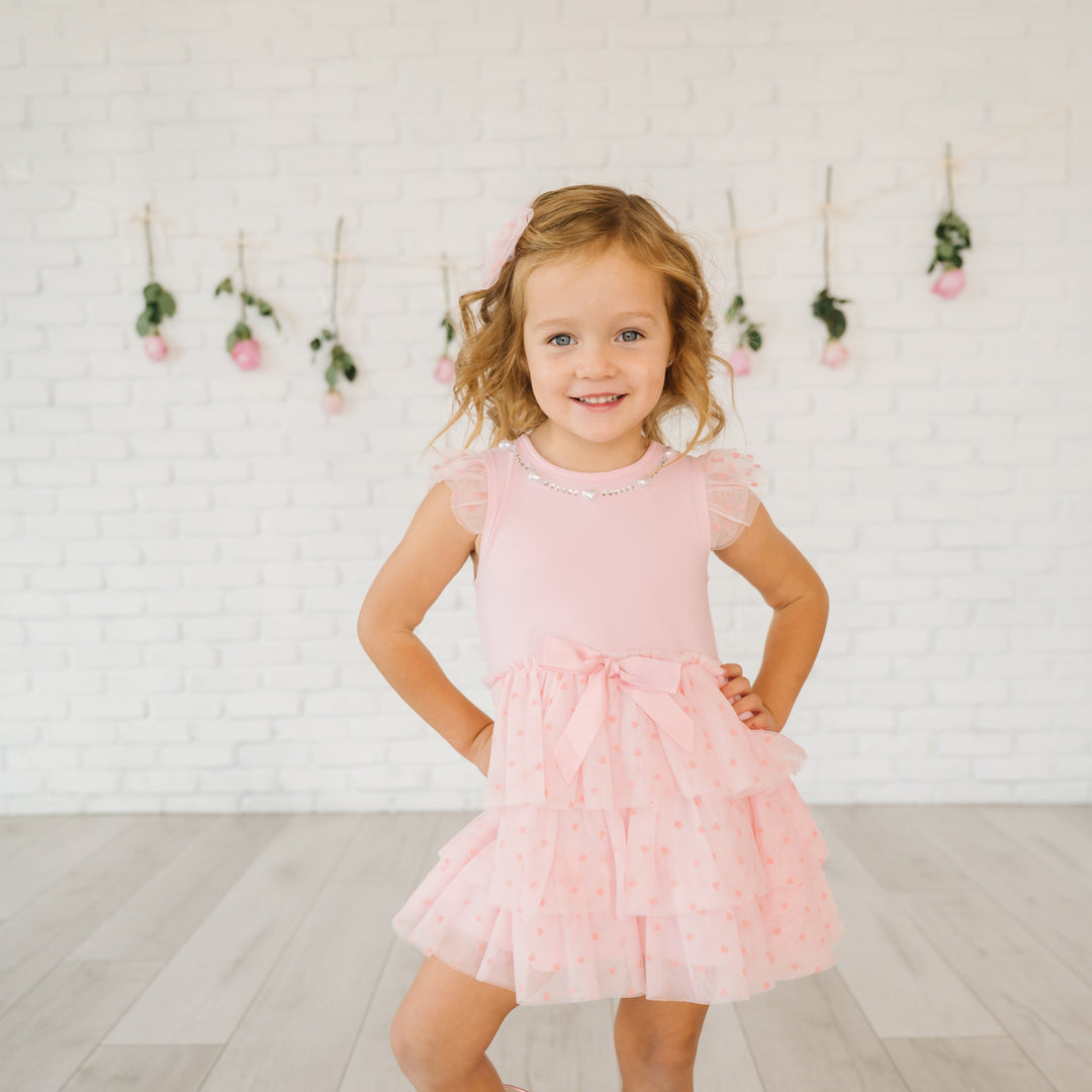 Flocked Heart Valentine's Day Tiered Short Sleeve Tutu Dress