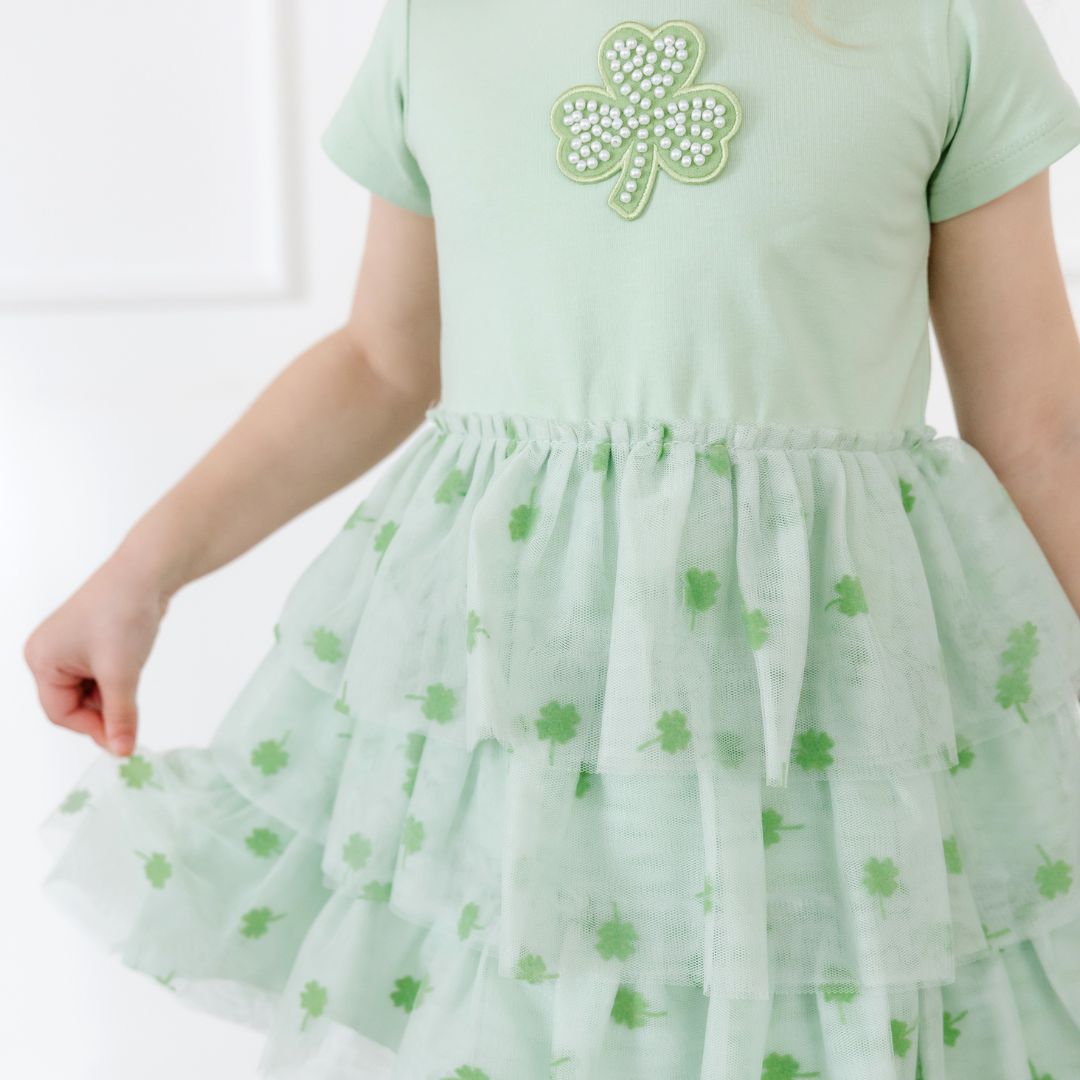 green emerald velvet dress Sweet Wink Toddler Girls Flocked Shamrock St. Patrick's Day Tiered Short Sleeve Tutu Dress - Mint Green
