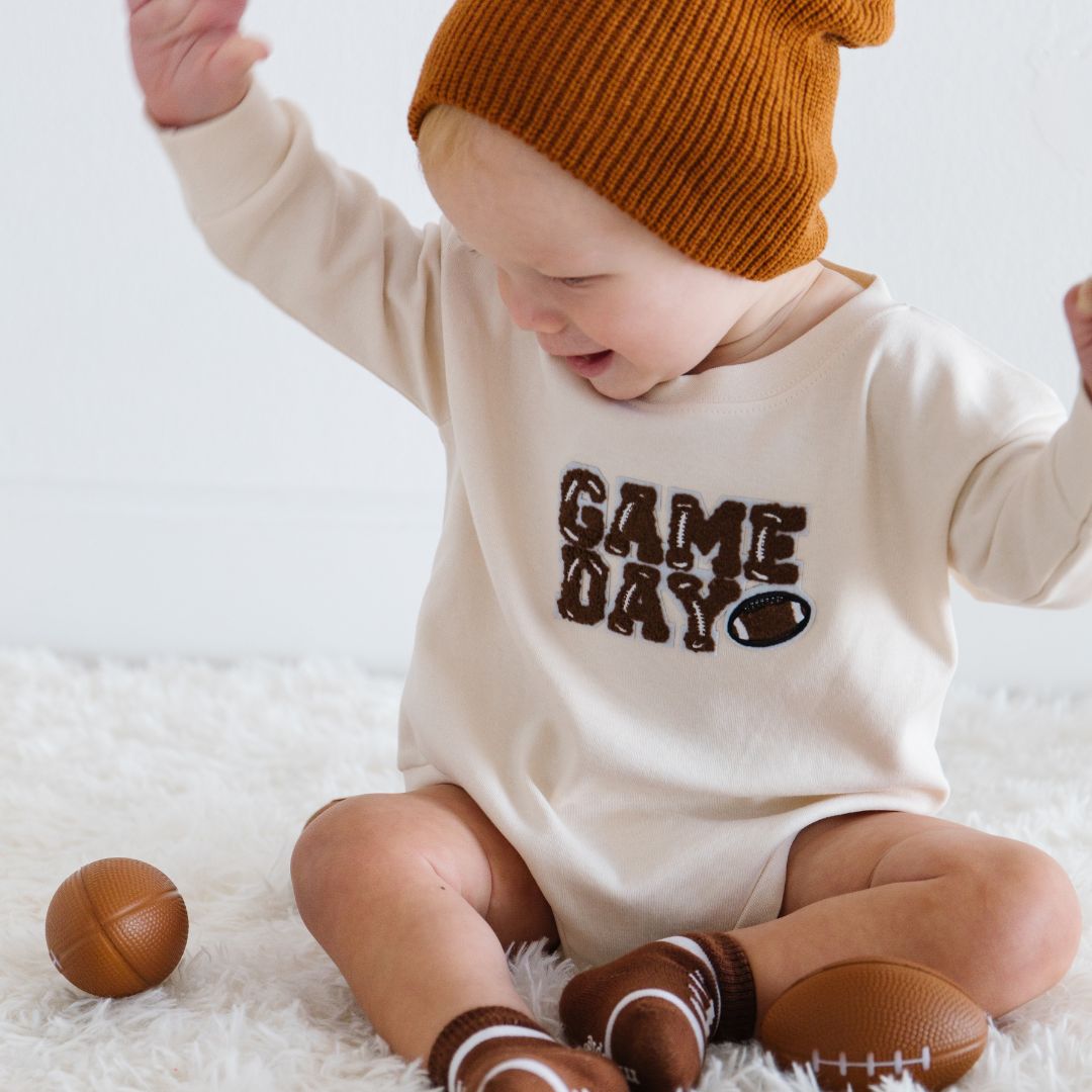 Game Day Patch Long Sleeve Romper - Natural