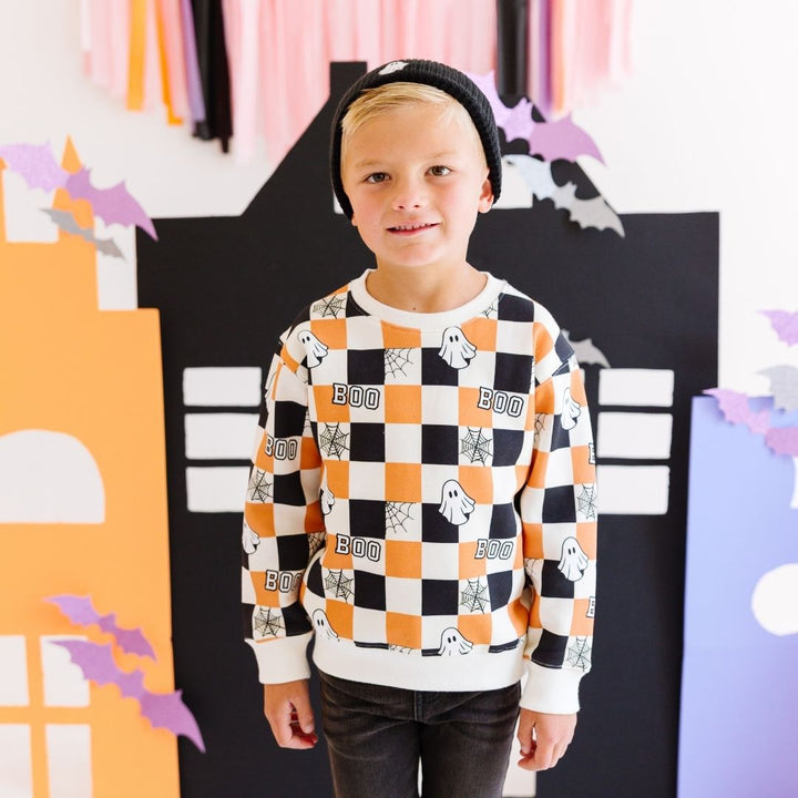 Boo Checkered Halloween Sweatshirt - Natural