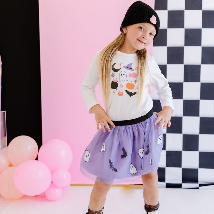 Pink Ghost Patch Halloween Beanie - Black