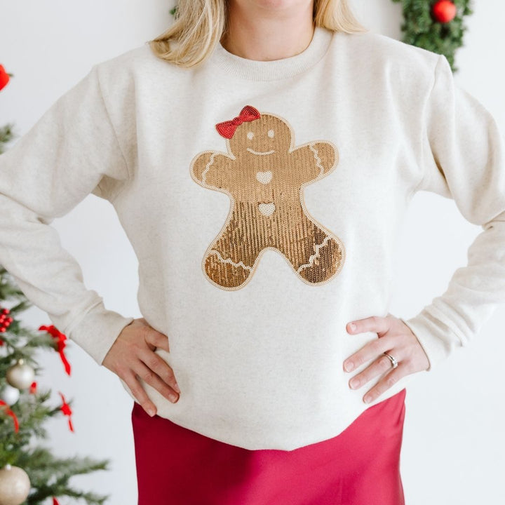 Gingerbread Sequin Patch Christmas Women's Sweatshirt - Natural