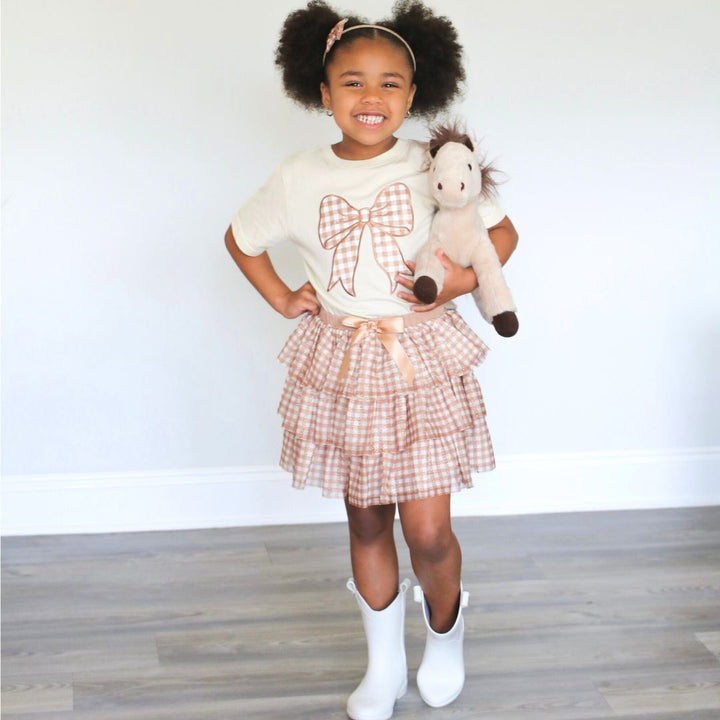 Gingham Bow Patch Short Sleeve T-Shirt - Natural