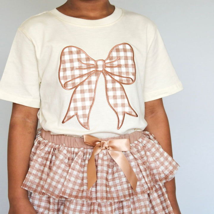 Gingham Bow Patch Short Sleeve T-Shirt - Natural