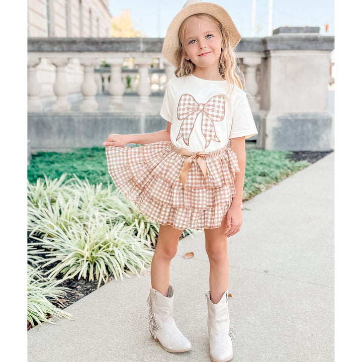 Gingham Bow Patch Short Sleeve T-Shirt - Natural