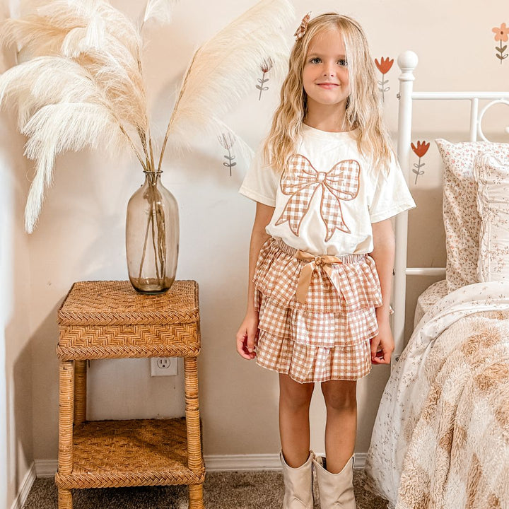 Gingham Bow Patch Short Sleeve T-Shirt - Natural