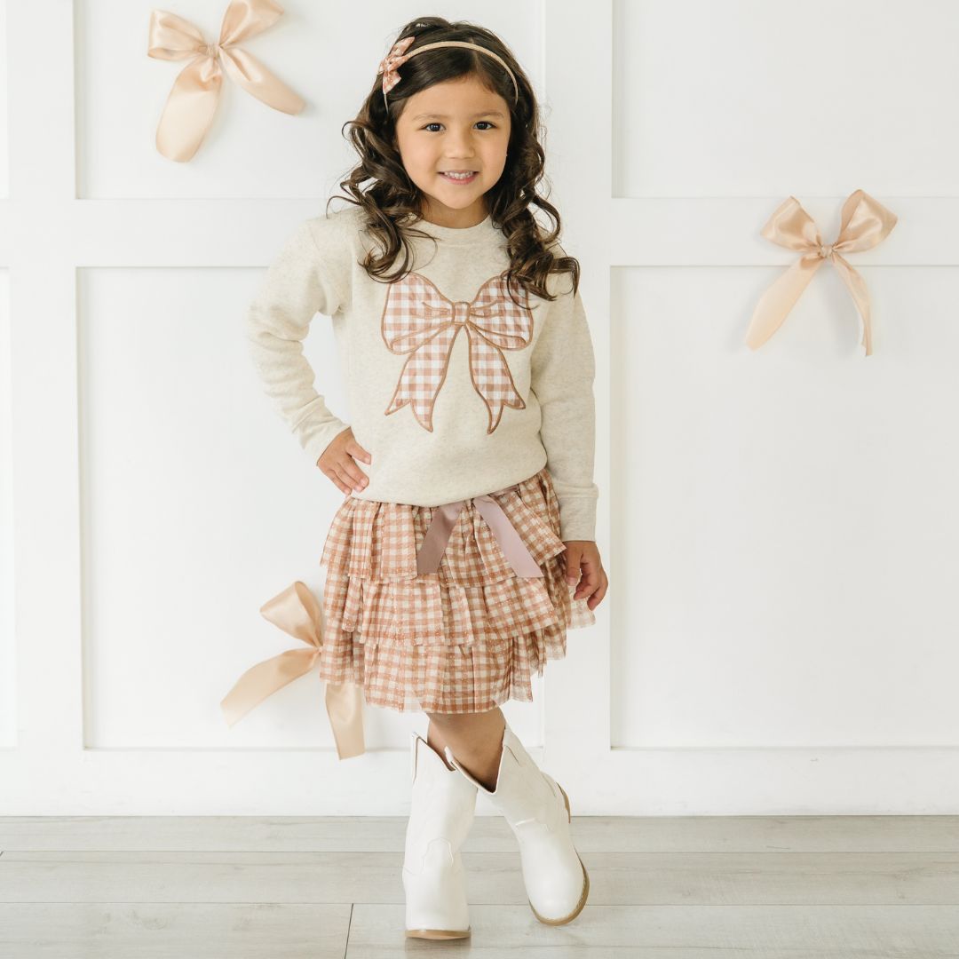 Gingham Bow Patch Sweatshirt - Natural