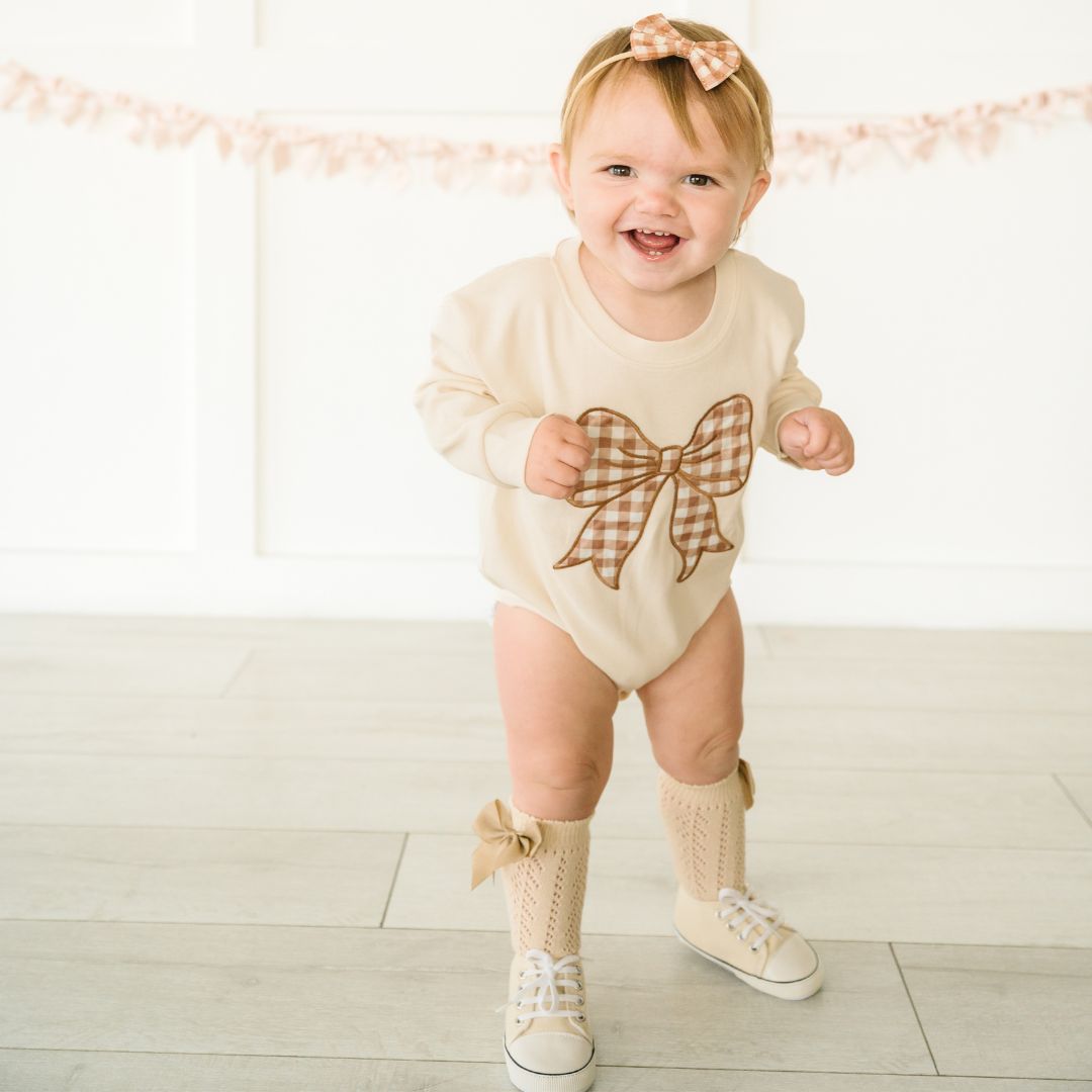 Gingham Bow Patch Long Sleeve Romper - Natural