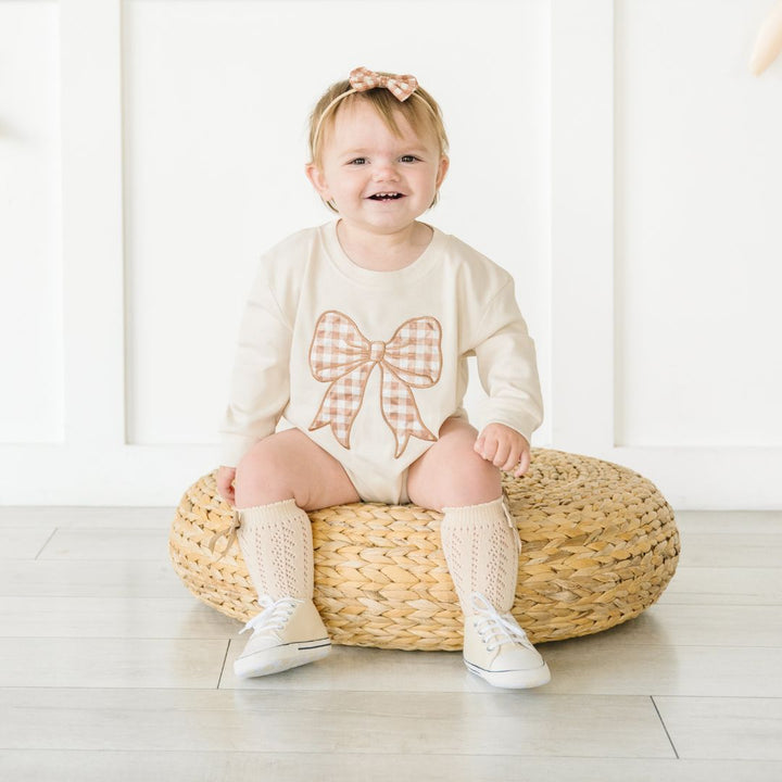 Gingham Bow Patch Long Sleeve Romper - Natural