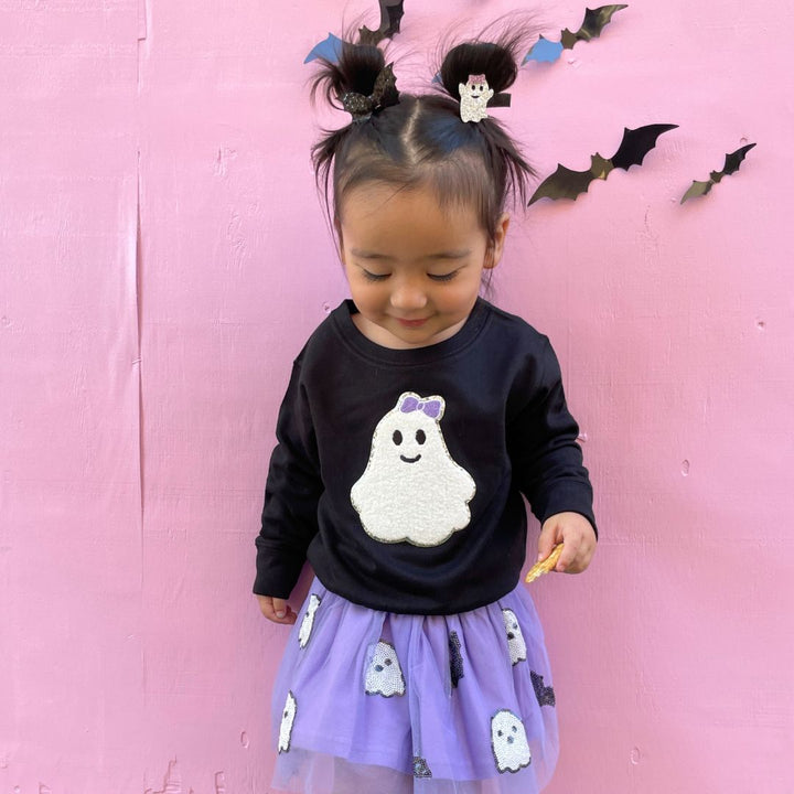 Girly Ghost Patch Halloween Sweatshirt - Black