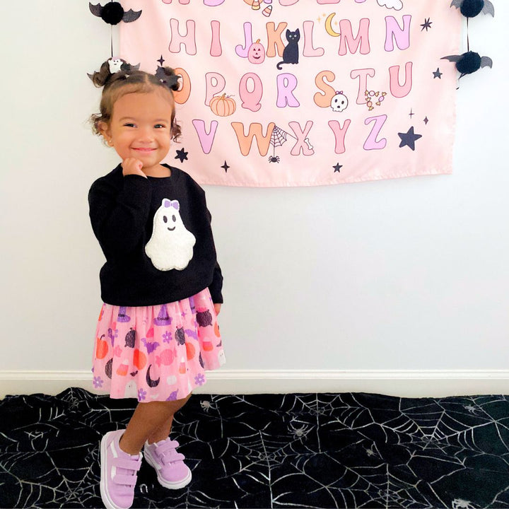 Girly Ghost Patch Halloween Sweatshirt - Black
