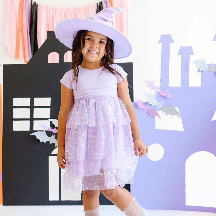 Lilac Star and Moon Halloween Short Sleeve Tutu Dress