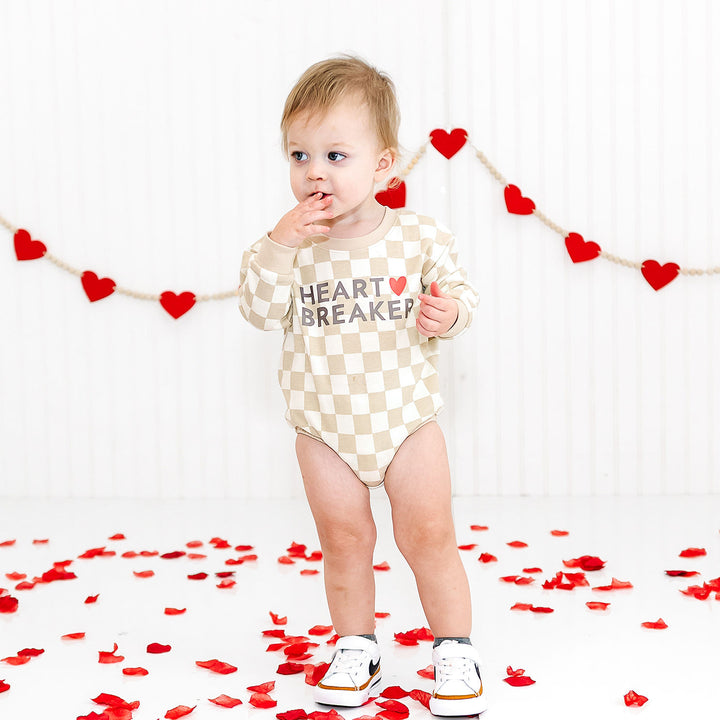 Heartbreaker Checkered Valentine's Day Long Sleeve Romper - Natural