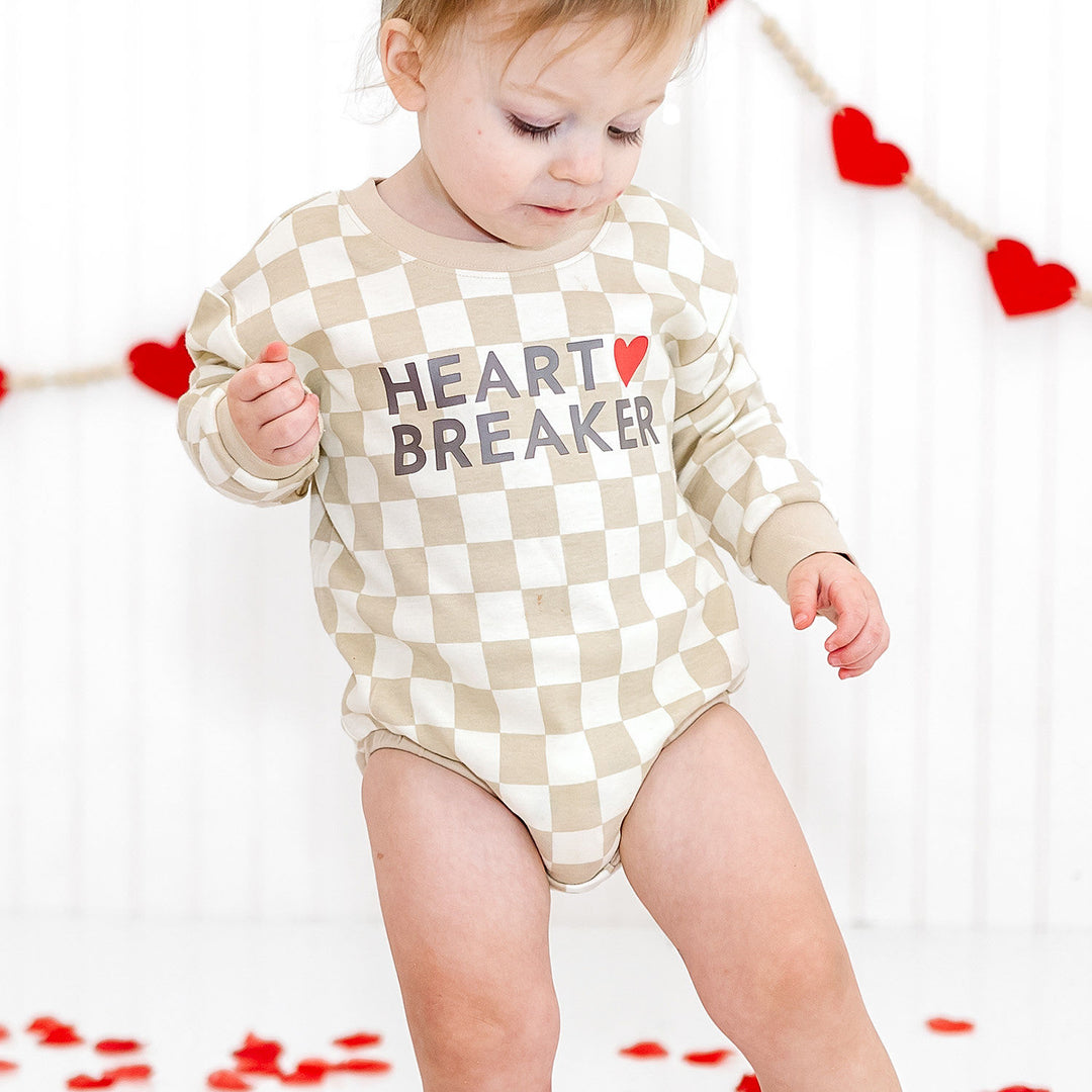 Heartbreaker Checkered Valentine's Day Long Sleeve Romper - Natural