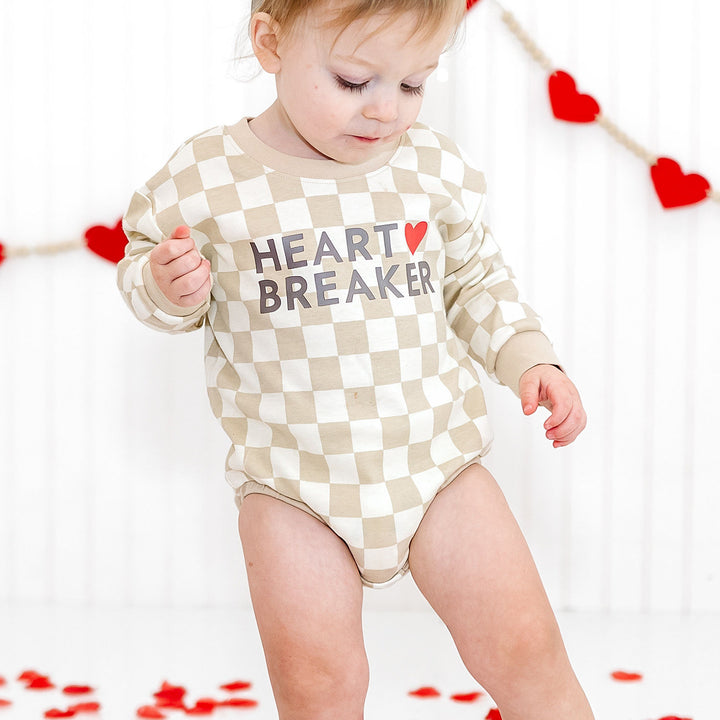 Heartbreaker Checkered Valentine's Day Long Sleeve Romper - Natural