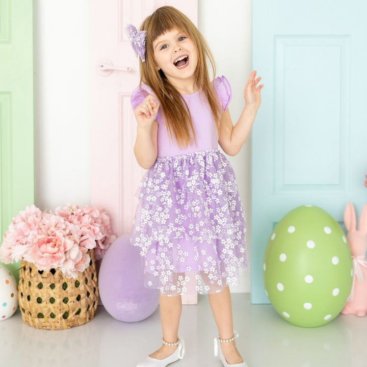 Lavender Ditsy Daisy Easter Tiered Short Sleeve Tutu Dress