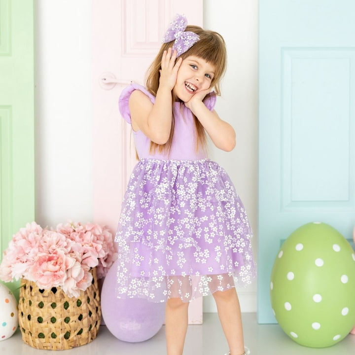 Lavender Ditsy Daisy Easter Tiered Short Sleeve Tutu Dress