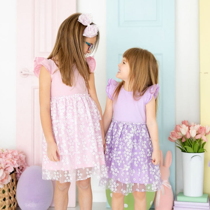 Lavender Ditsy Daisy Easter Tiered Short Sleeve Tutu Dress
