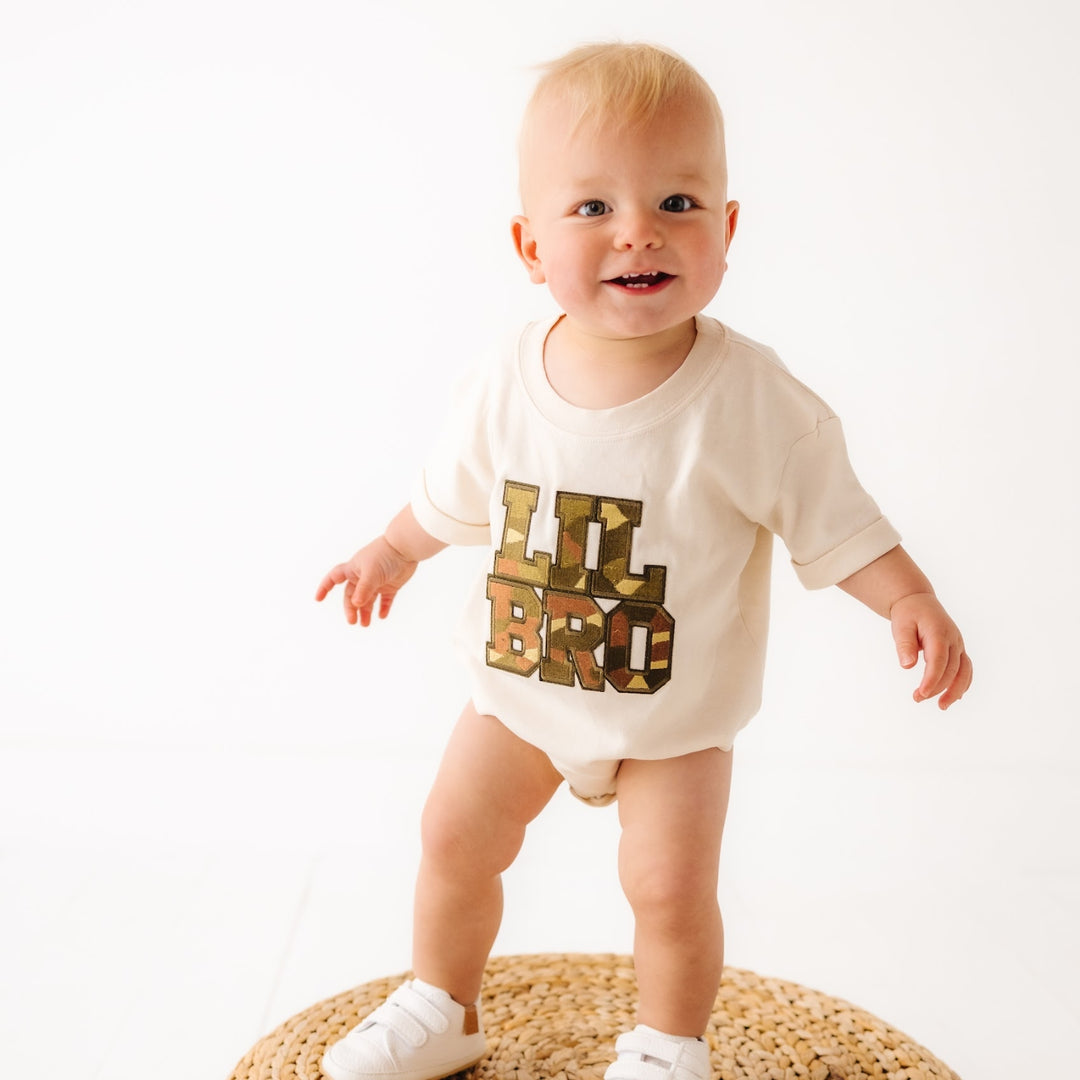 Lil Bro Camo Patch Short Sleeve Romper - Natural