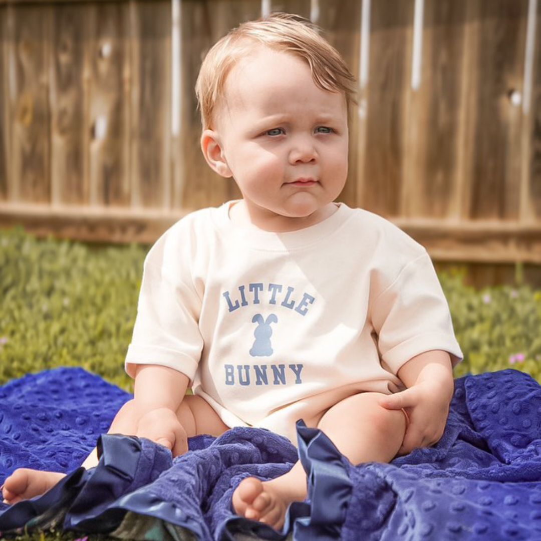 Little Bunny Steel Blue Easter Short Sleeve Romper - Natural