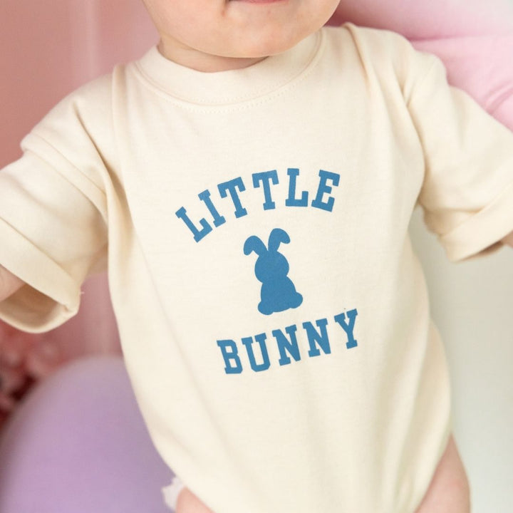 Little Bunny Steel Blue Easter Short Sleeve Romper - Natural