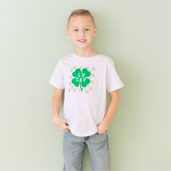 Lucky Shamrock Checkered St. Patrick's Day Short Sleeve T-Shirt - Ash
