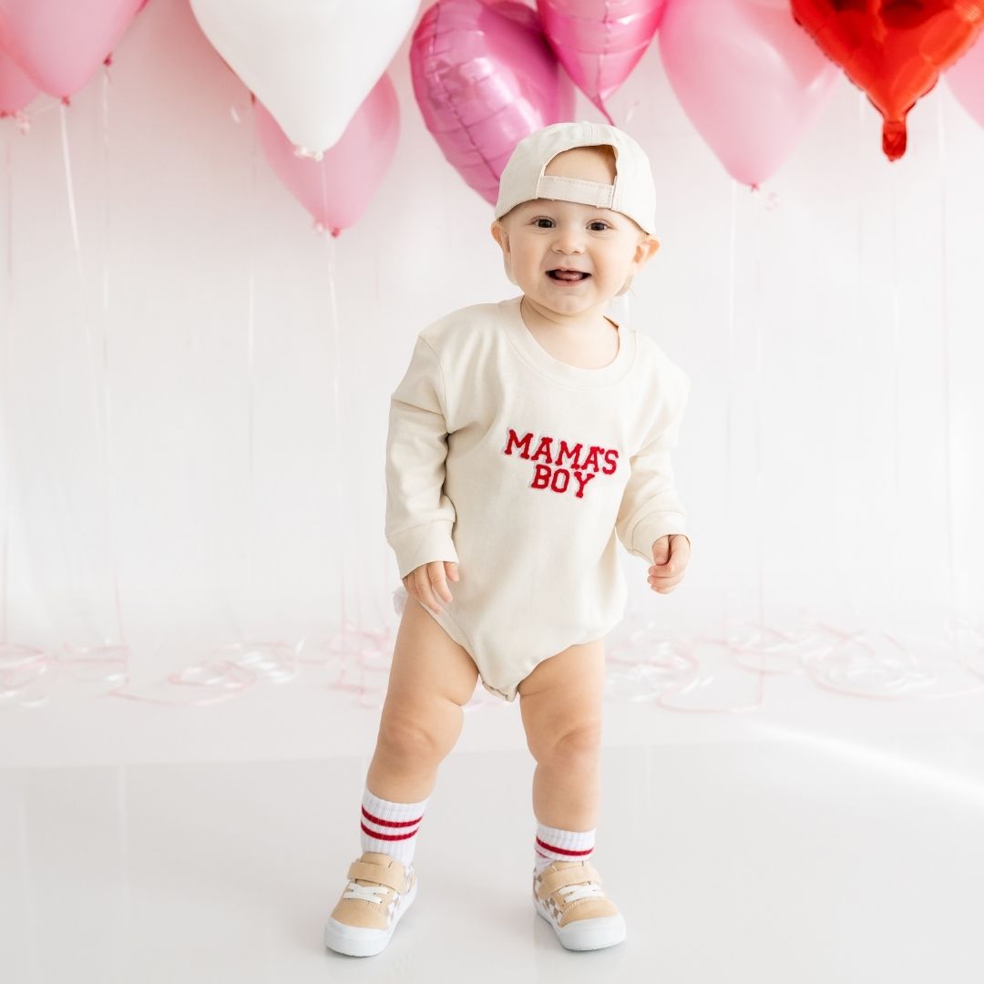 Mama's Boy Patch Valentine's Day Long Sleeve Romper - Natural