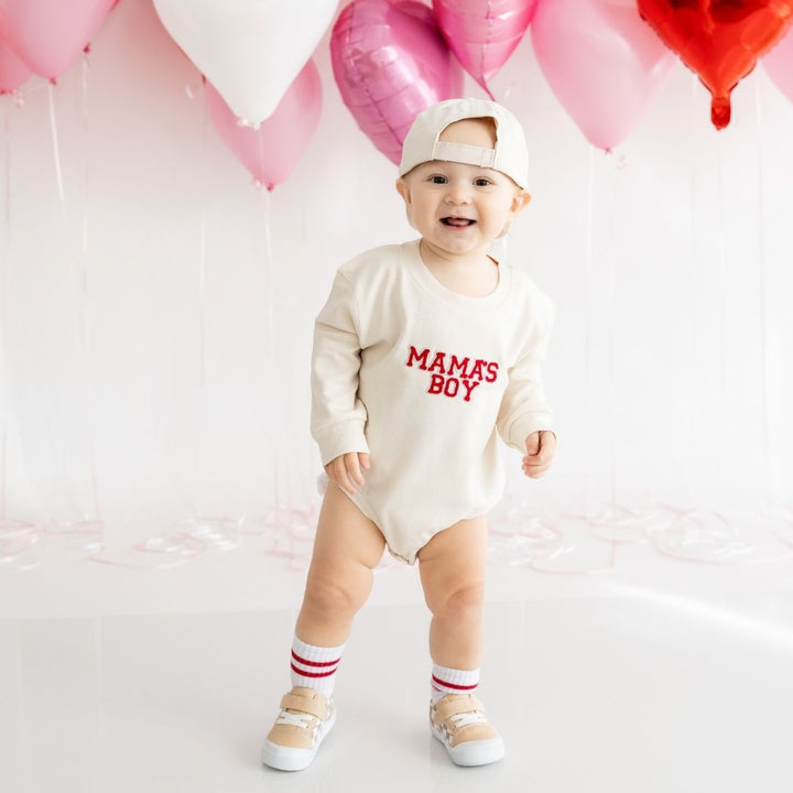 Mama's Boy Patch Valentine's Day Long Sleeve Romper - Natural