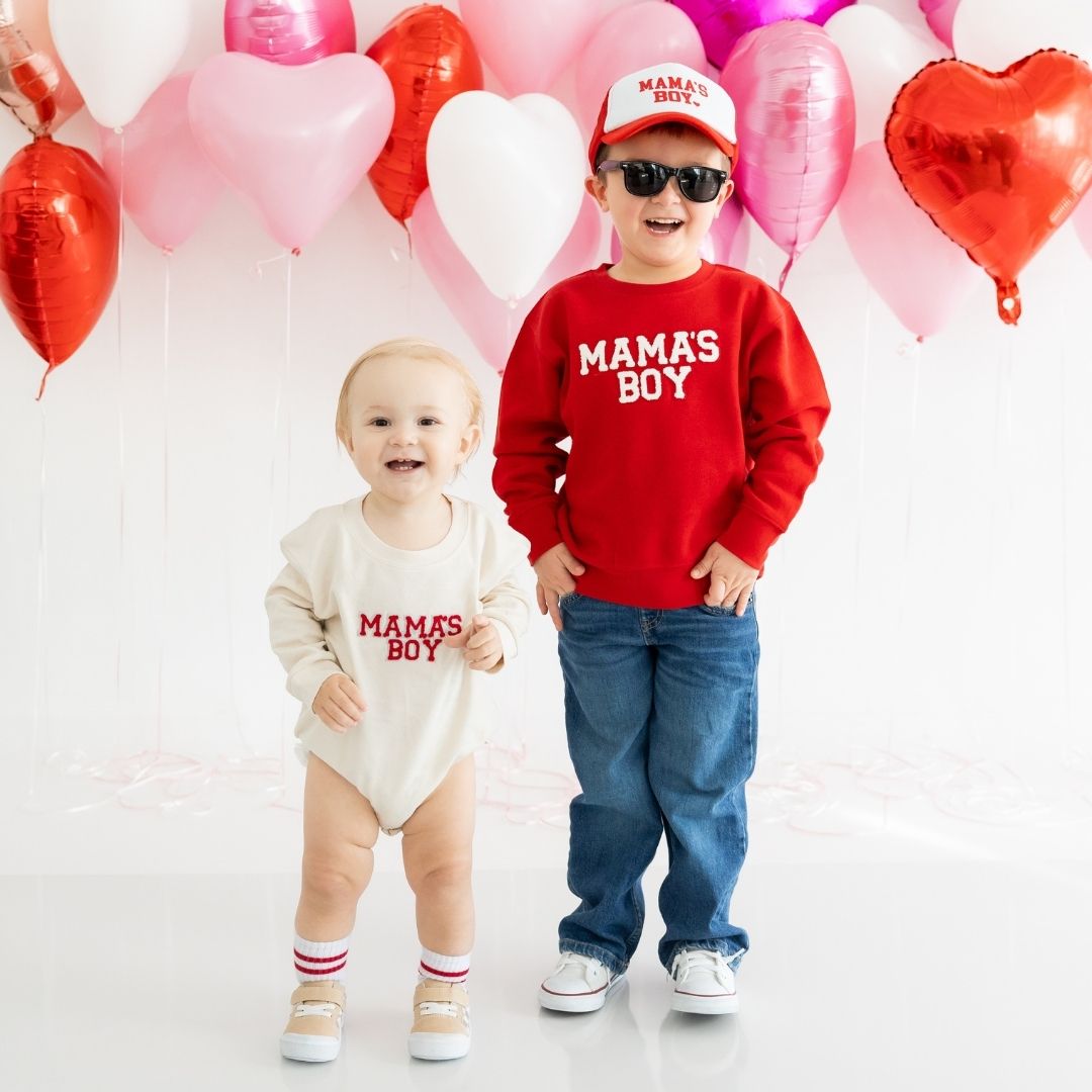 Mama's Boy Patch Valentine's Day Long Sleeve Romper - Natural