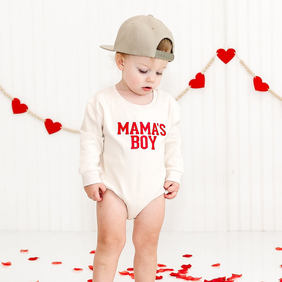 Mama's Boy Varsity Patch Valentine's Day Long Sleeve Romper - Natural