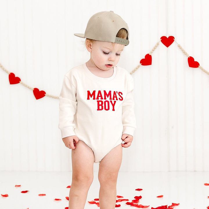 Mama's Boy Varsity Patch Valentine's Day Long Sleeve Romper - Natural