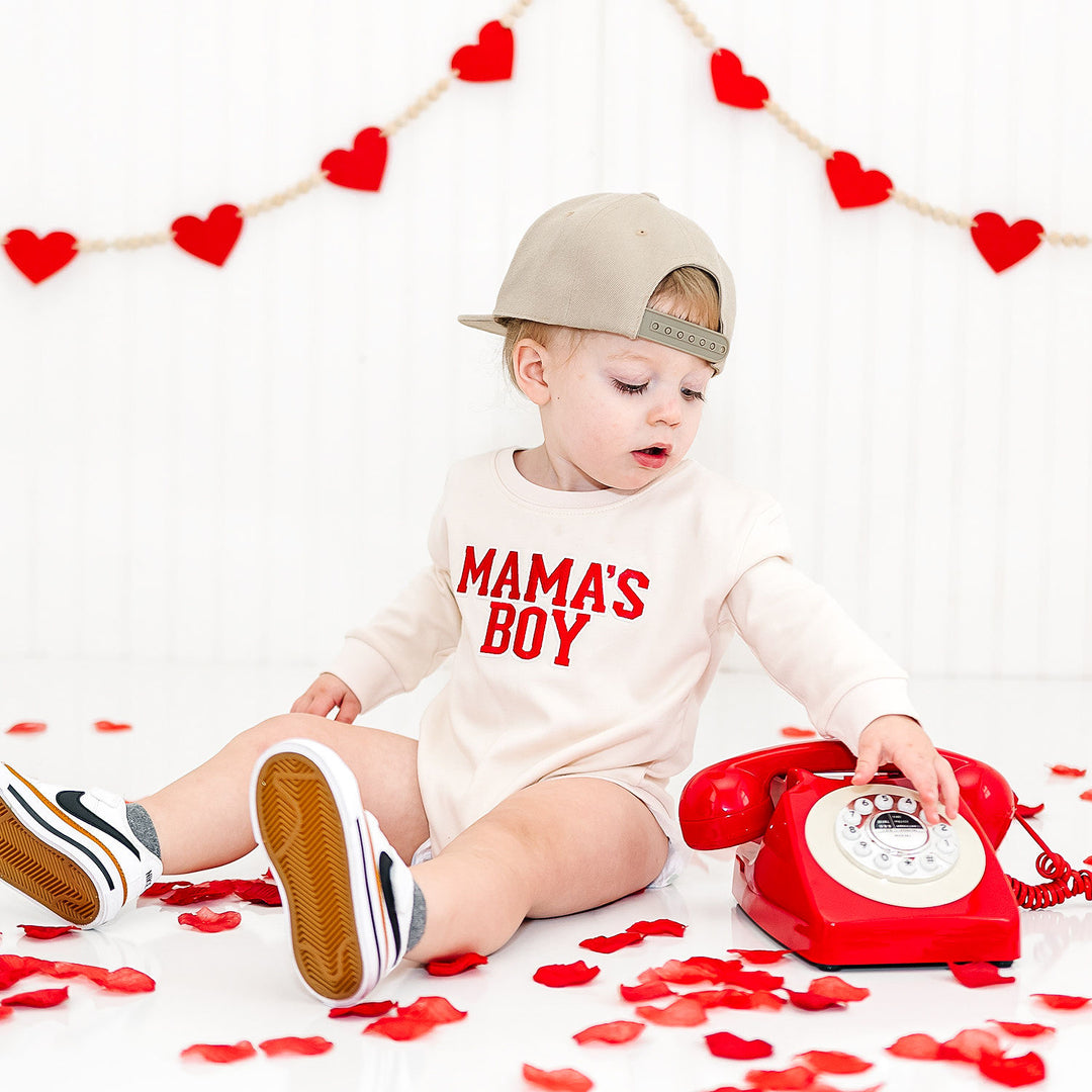 Mama's Boy Varsity Patch Valentine's Day Long Sleeve Romper - Natural