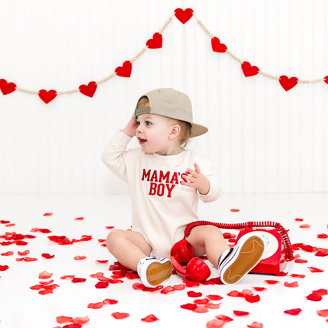 Mama's Boy Varsity Patch Valentine's Day Long Sleeve Romper - Natural