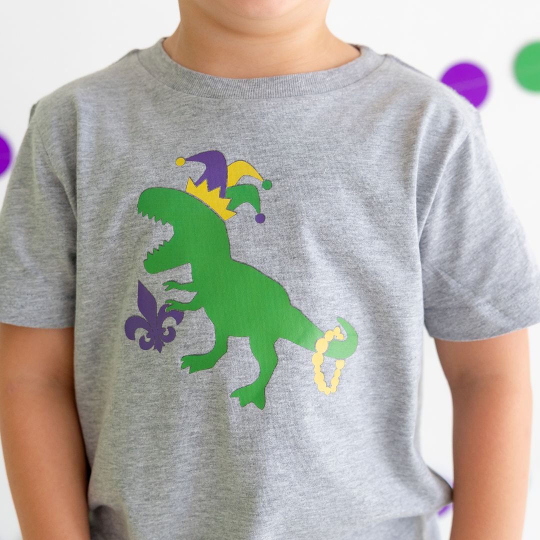 Mardi Gras Dino Short Sleeve T-Shirt - Gray