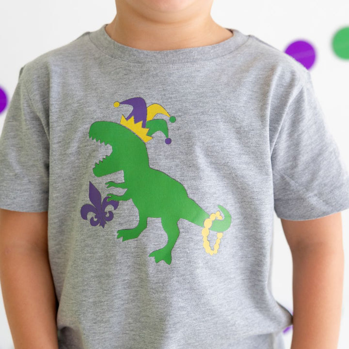 Mardi Gras Dino Short Sleeve T-Shirt - Gray