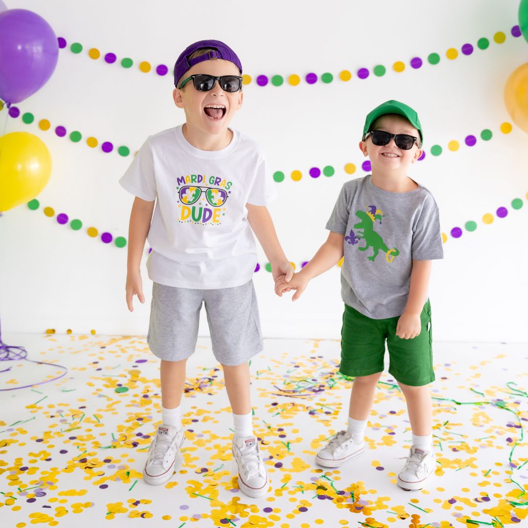 Mardi Gras Dino Short Sleeve T-Shirt - Gray