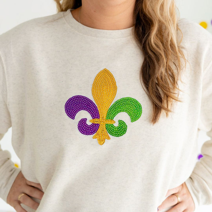 Mardi Gras Fleur De Lis Patch Adult Sweatshirt - Natural