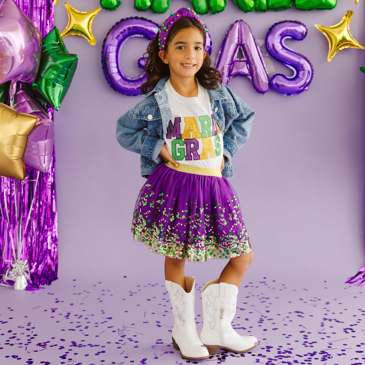 Mardi Gras Sequin Patch Short Sleeve T-Shirt - White