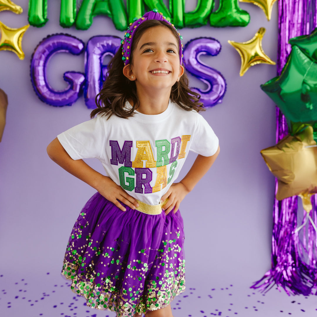 Mardi Gras Sequin Patch Short Sleeve T-Shirt - White